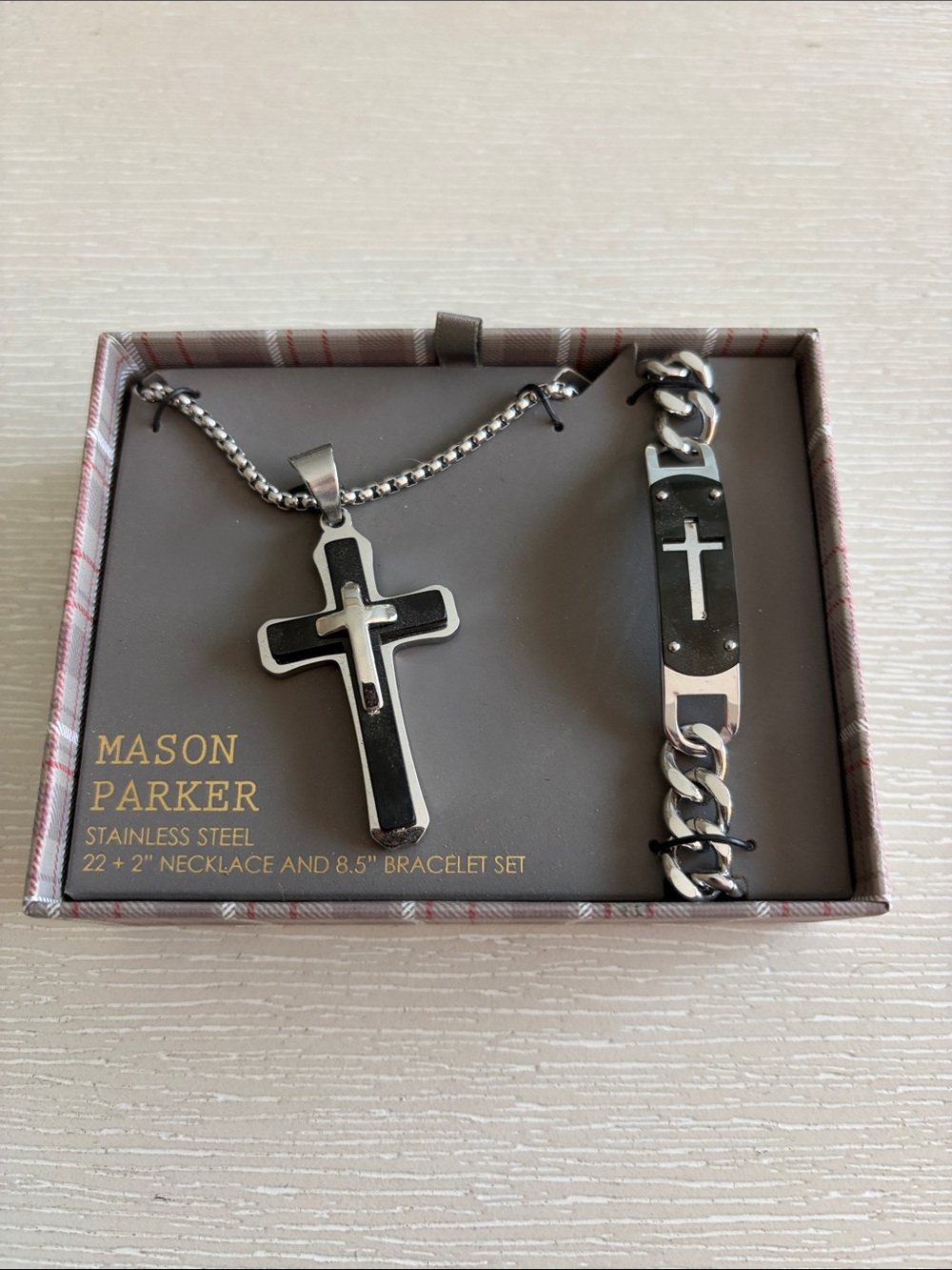 Stainless Steel Cross Necklace & Bracelet Set - Black and Silver